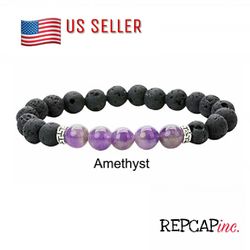 Natural Stone Amethyst And Lava Stones Mens Large Bracelet