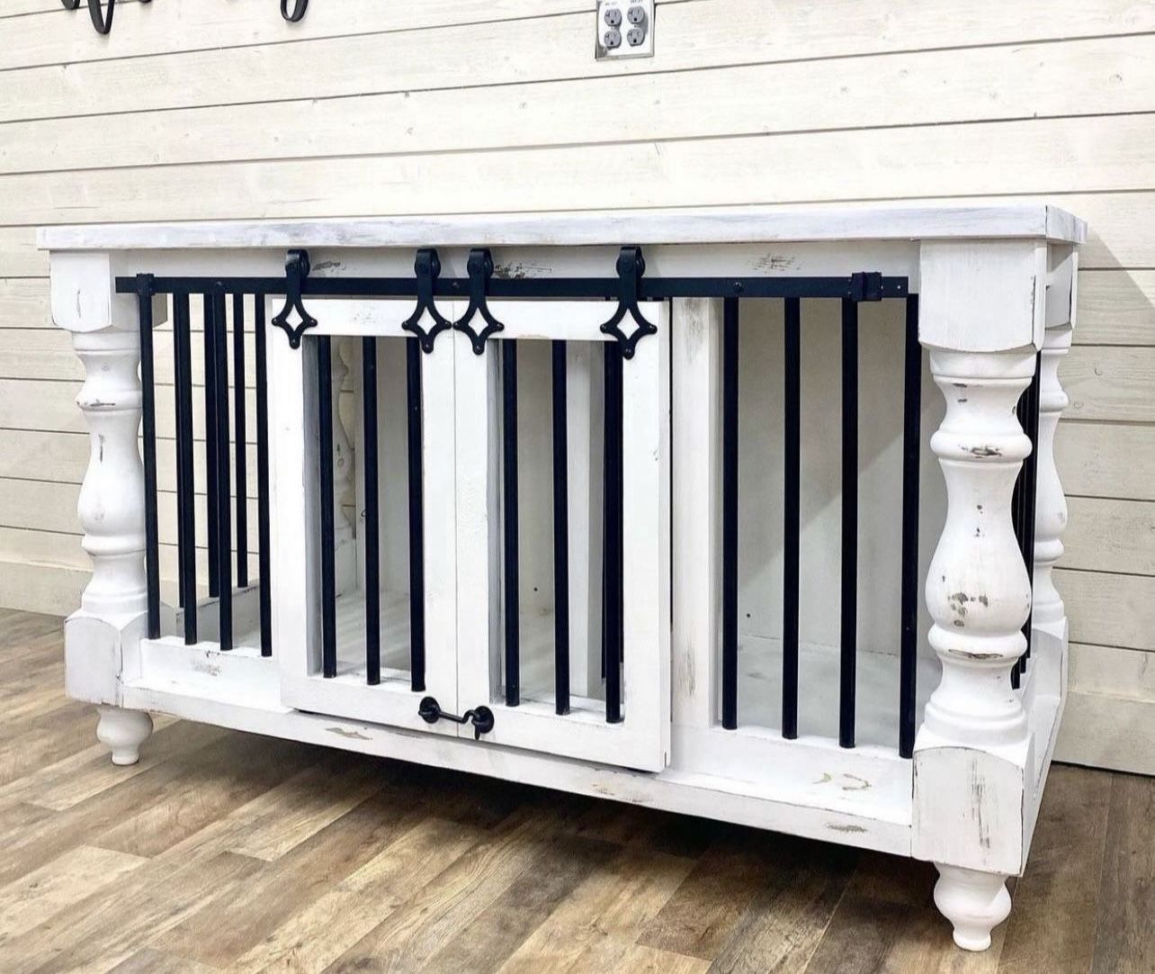 Custom Built Dog Kennel Crate Cage House Console Cabinet TV Stand Farmhouse Modern Rustic Dog Bowl Toy Bed Wood Barn Door