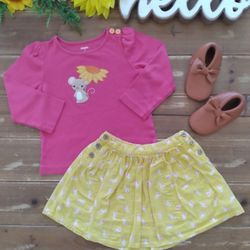 3T 2-PIECE OUTFIT FUSCHIA DECORATED MOUSE & FLOWER W/YELLOW PINEAPPLE PRINT SKIRT