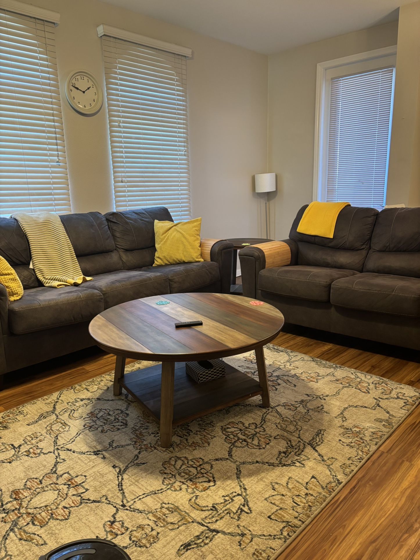 Ashley Smoke Sofa Set with Yellow Loveseat, 3 Tables & Carpet – Perfect for Airbnb or New Home!