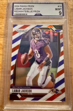 2024 Panini Prizm Lamar Jackson Red/White/Blue Prizm #19 SSG Mint 9