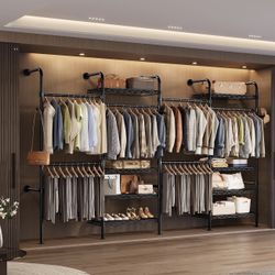 Wall Mounted Closet System, Heavy Duty 4-Row Clothes Rack, Expandable Industrial Pipe Closet Organizers and Storage with 4 Telescopic Rods, 2 Fixed