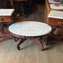Antique Mahogany Harp And Rose Table Set With Italian Marble Tops