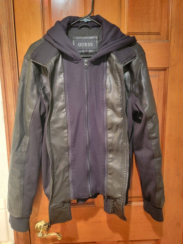 Guess "Black Faux Leather Hooded Jacket. Size Medium 