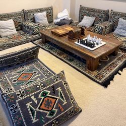 Majlis L Shaped With Ottoman Pillows And Rug 
