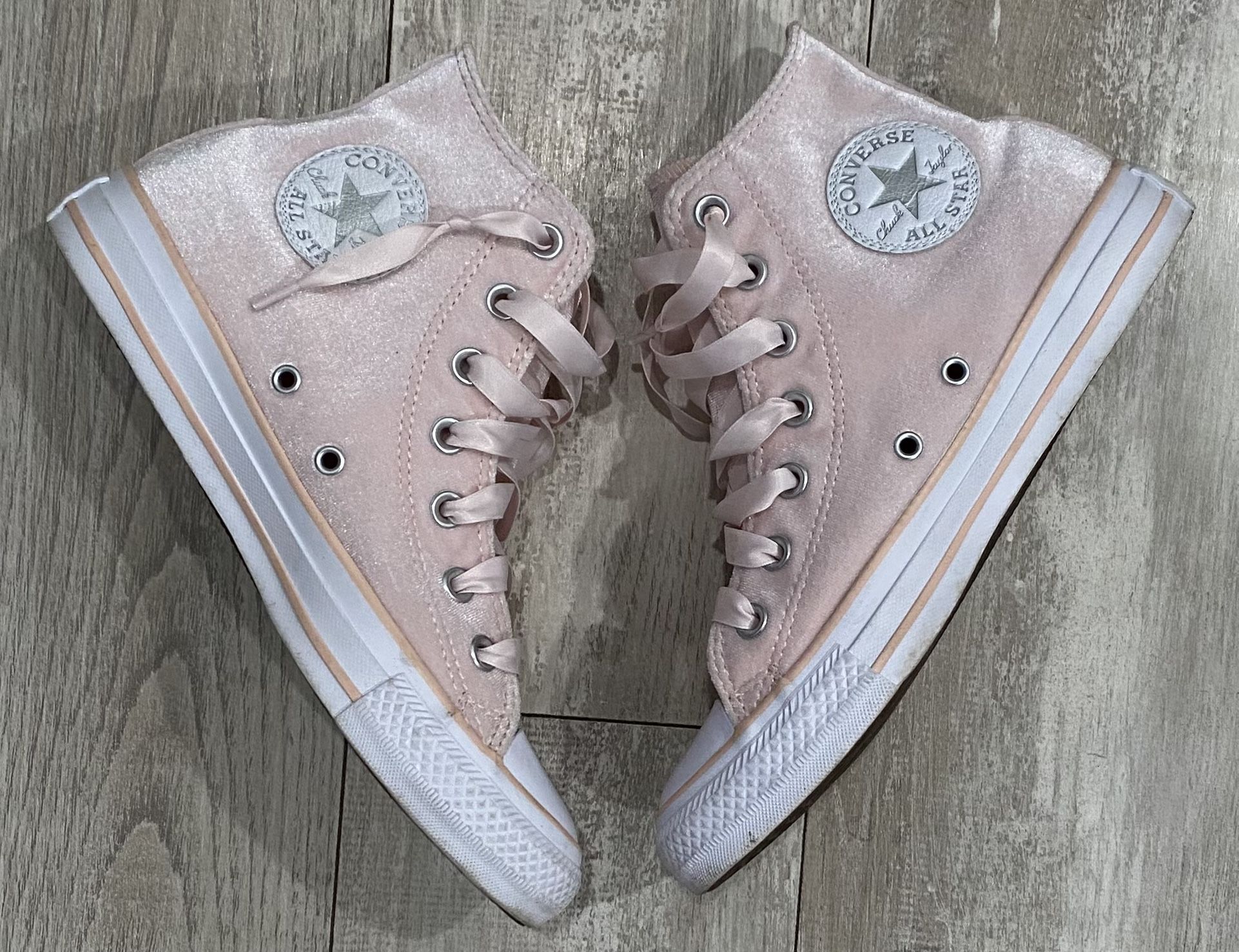 Pink Velvet High Top Converse With Ribbon Laces 