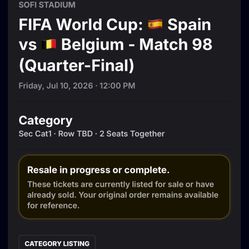 Two Category 1 Tickets World Cup Quarterfinal Spain vs Belgium in Los Angeles (Sofi Stadium)