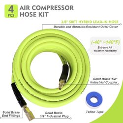 New Air Compressor Hose 3/8 Inch x 50 Feet Hybrid Hose with Fittings, Flexible and Kink Resistant, 1/4" Industrial Quick Coupler and Plug Kit - Green