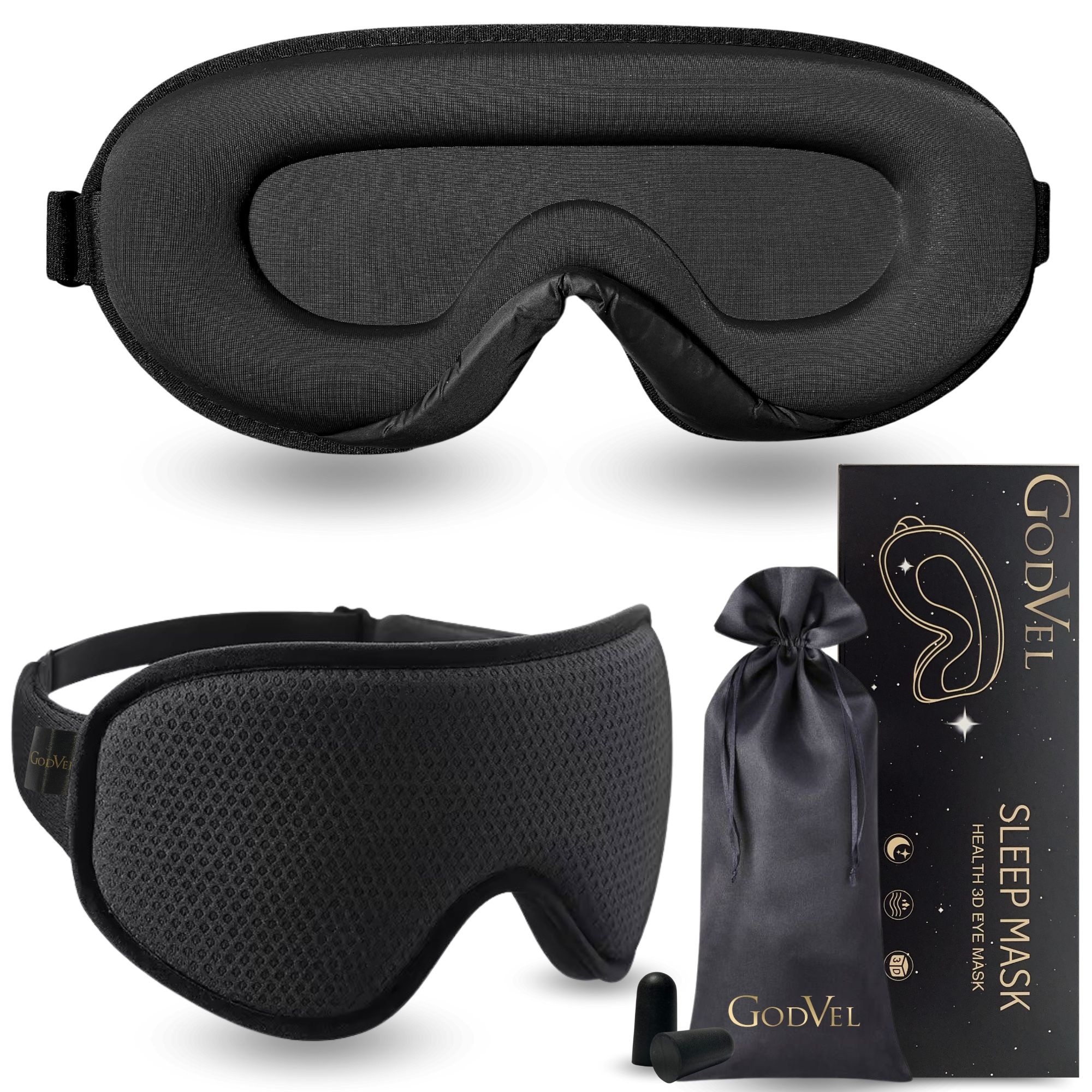 3D Sleep Eye Mask – Blackout, Ultra-Soft, with Noise-Blocking Ear Plugs, for Travel, Men & Women – Black.