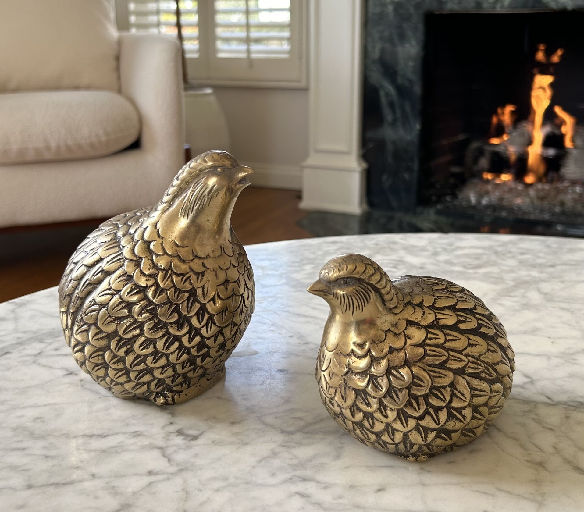 Pair 2- Vintage Korean solid Brass Partridge Quail Figures Sculpture Figurines Mid Century Rare MCM Retro Boho Chic Adorable Table Decor Collectible