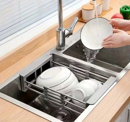 Stainless Steel Draining Basket, Extendable And Adjustable In Length, Kitchen Sink Vegetable And Fruit Washing Basket, Kitchen Sink Storage Rack, Dish