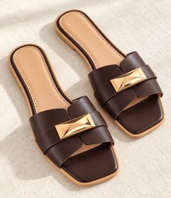BERNESSS Women’s Brown Slide Sandals, Gold-Tone Detail, Size 6