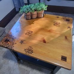Wood Burned Mandala Design Top Solid Wood Coffee Table