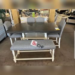 6 pc counter height dining table set with 4 Chairs and bench included