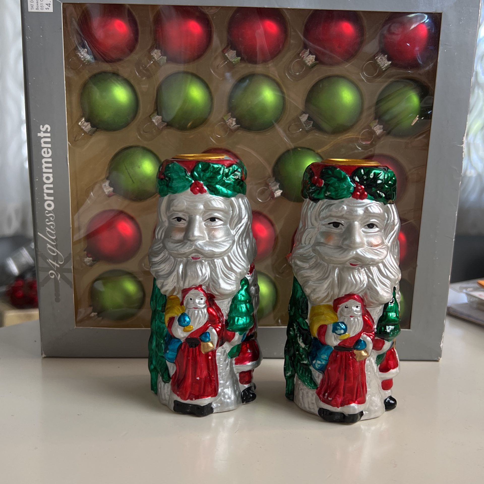 Pair Of Santa Taper Candle Holder And Christmas Ornament Balls