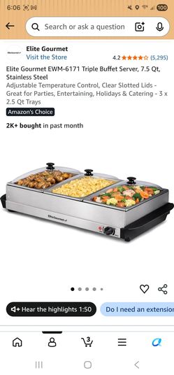 Elite Gourmet EWM-6171 Triple Buffet Server, 7.5 Qt, Stainless Steel
Adjustable Temperature Control, Clear Slotted Lids - Great for Parties, Entertain