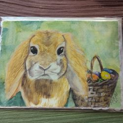 Hand Painted Easter Bunny Blank Greeting Card 