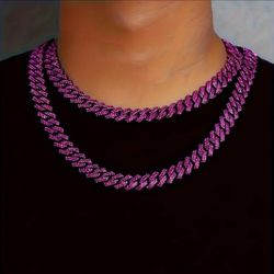 2-Pcs Fully Iced Rhodium Plated Purple Cubic Zirconia 20 Inches Cuban Chain Necklace & Bracelet Set 