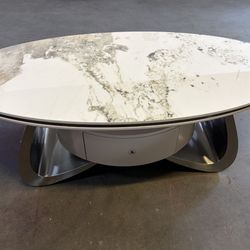 47.2'' Oval Modern Coffee Table Luxury Faux Marble Top Stainless Steel Base