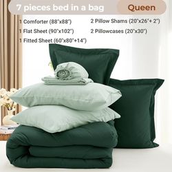 New 7 Piece Queen Size Comforter Set, Soft Bed in a Bag, All Season Bedding Green