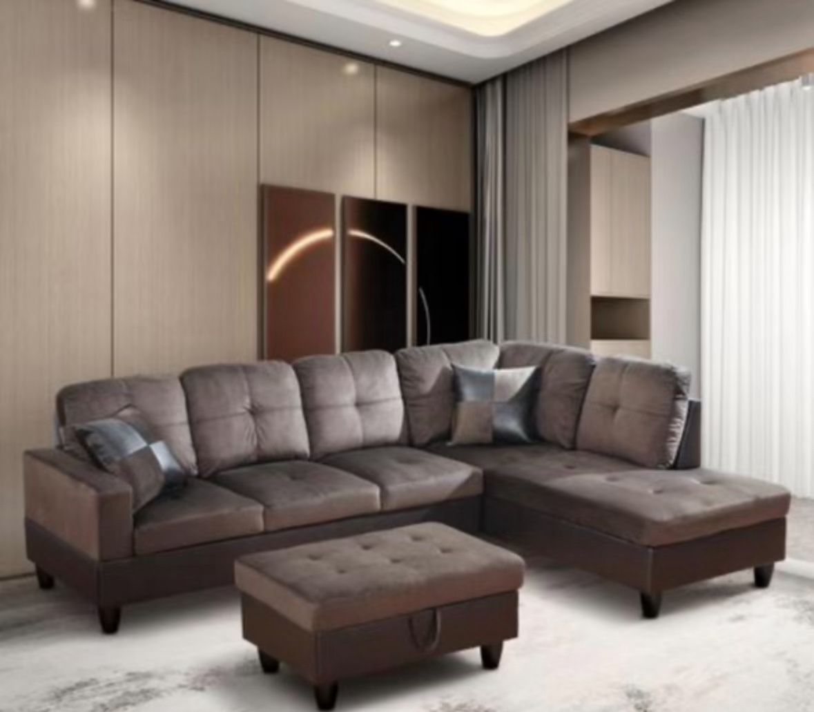Dark Brown Microfiber Sectional Sofa W/ Ottoman And Pillows Brand New In Boxes