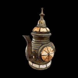 VINTAGE MOROCCAN HANDMADE BRASS & BONE TEA KETTLE TEA POT Dyed with Henna Rare Middle Eastern find Approximately 10.5” H x 9” W 