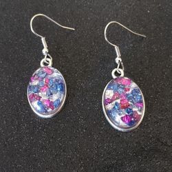Blue and purple crushed glass silver glitter oval shaped dangle earrings