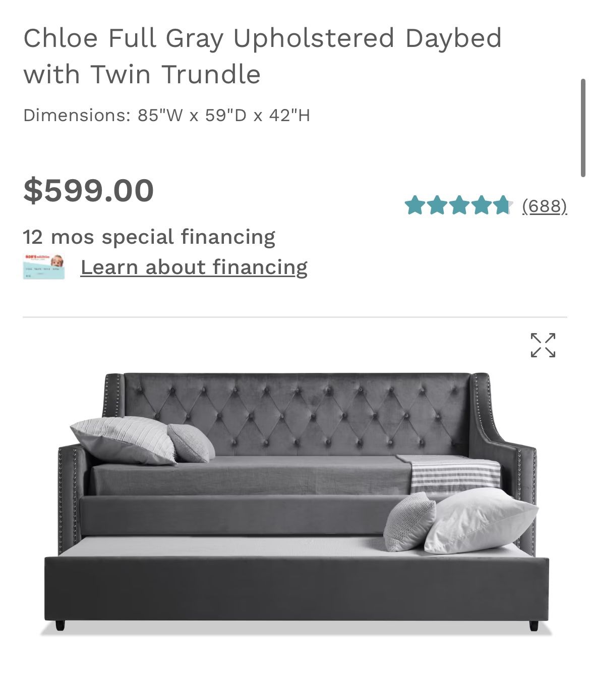 Chloe Full Gray Upholstered Daybed with Twin Trundle