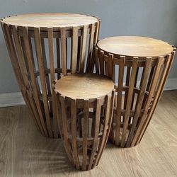 3 Slatted Side Tables (Mango-wood)