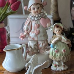 Lot of 4 Vintage Collectables~Enesco  Clown, Arnart Lady Figurine, White Porcelain Creamer & Swan