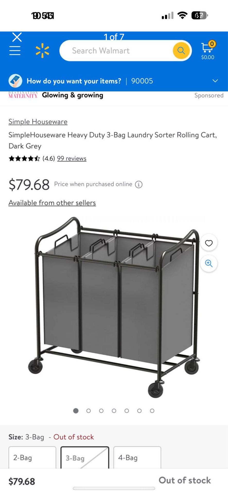 New Three Compartment Rolling Laundry, Sorter With Metal Frame