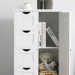 Bathroom Storage Floor Cabinet with Adjustable Shelf and Drawers, White