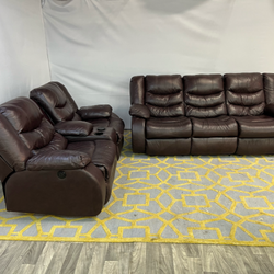 ( Delivery Available ) Dark Brown Leather Recliner Couch Set