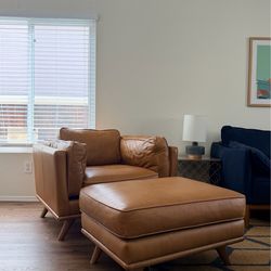 Article Timber Leather Chair + Ottoman (Charme Tan / Cognac)