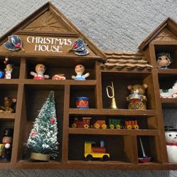 Vintage Enesco Wooden Christmas House figurine shelf