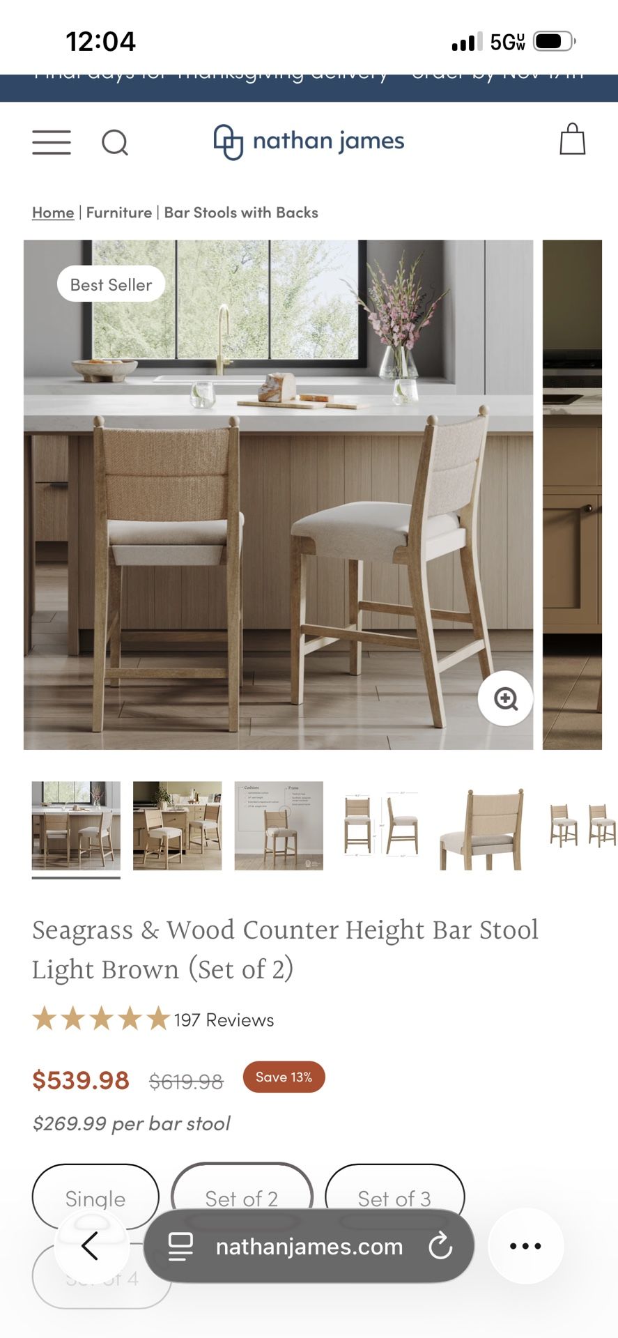 Nathan James Cove Bohemian Solid Wood Upholstered Bar Stool with Natural Flax Cushion and Seagrass Backrest, Light Brown.