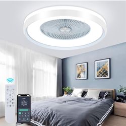 24" Low Profile Ceiling Fan with Light, Bladeless, Flush Mount with Remote & App Control, 6 Speeds, Timing Reversible, Enclosed for 3-Dimmable Light