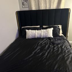Black & Gold Suede Queen Bed Frame