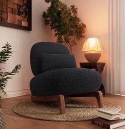 Dark black Boucle Accent Chair with Wood Legs