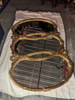 Vintage Mid Century Gold Ornate Bassett Triptych Hollywood Regency Oval Wall Mirror