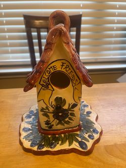 Blue Sky Clayworks Ceramic Decorative Birdhouse "Welcome Friends"