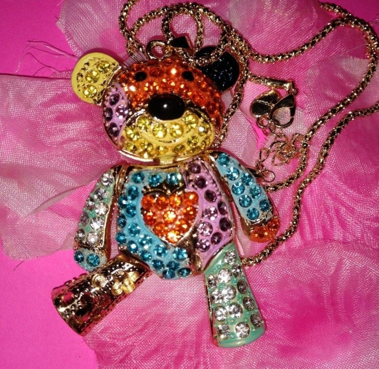 NWT Betsey Johnson Crystal Teddy Bear Necklace. Bear is 2" Necklace is 27". New