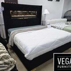 Tufted Wingback Bed with Fireplace