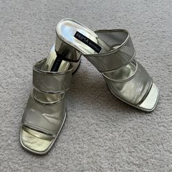 PRIMA Metallic Gold Two-Strap Slide Mules - 9M