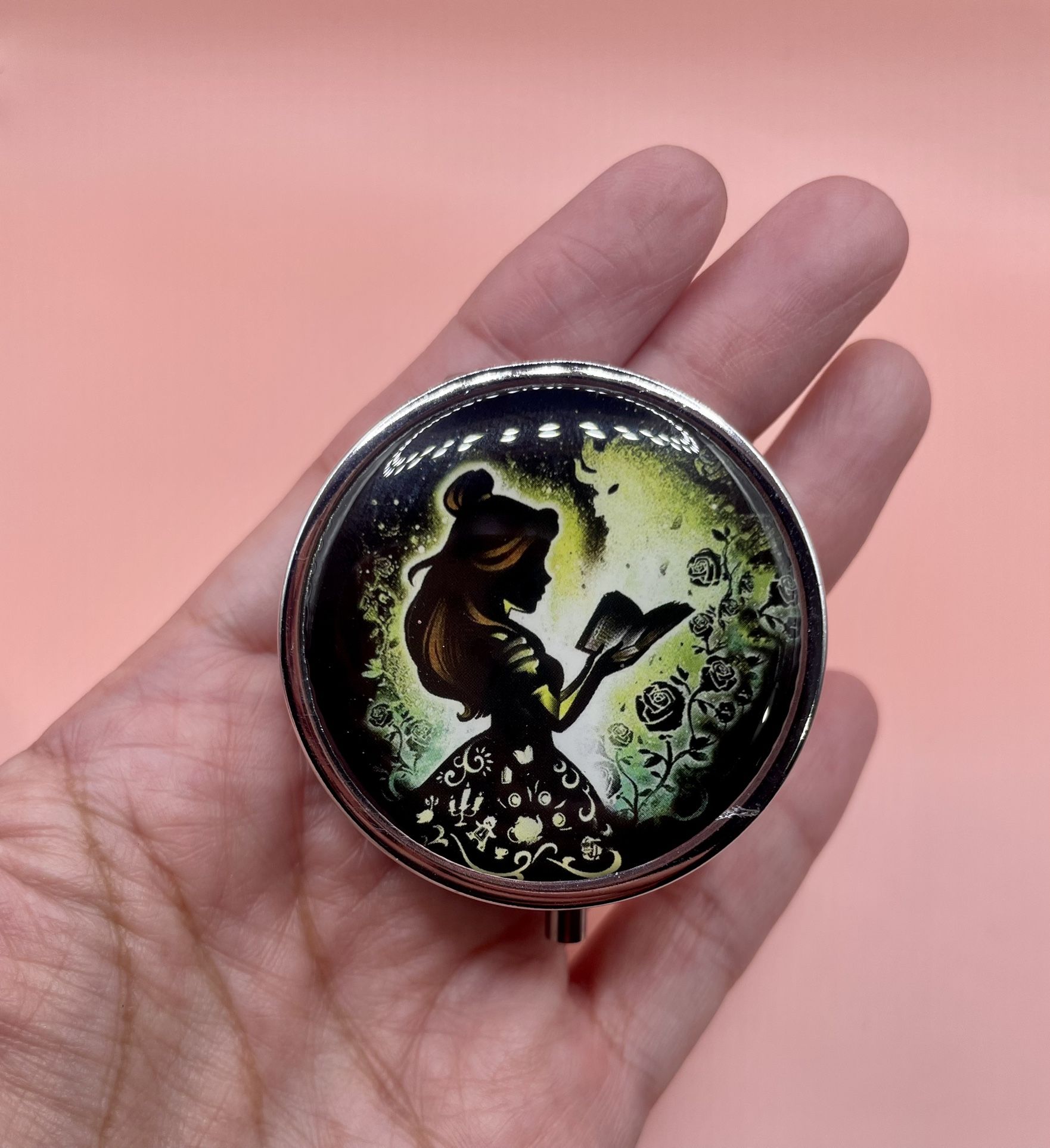 Brand New Girl Reading Book Mini Pill Container Tin Case