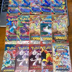 Pokemon - Lot of (15) Boosters: Prismatic Evolutions + Phantasmal Flames + Destined Rivals + Surging Sparks ++