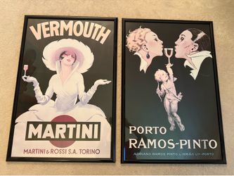 A set of 2 large framed Art Deco posters: "Vermouth Martini" and “Porto Ramos-Pinto"
