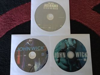 Jack Reacher:Never go Back -2016 / John Wick -2014 / John Wick Chapter 2 -2017 Set of Three dvd in a disc envelope