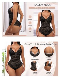 FeelinGirl Lace Bodysuit for Women Tummy Control Shapewear V Neck