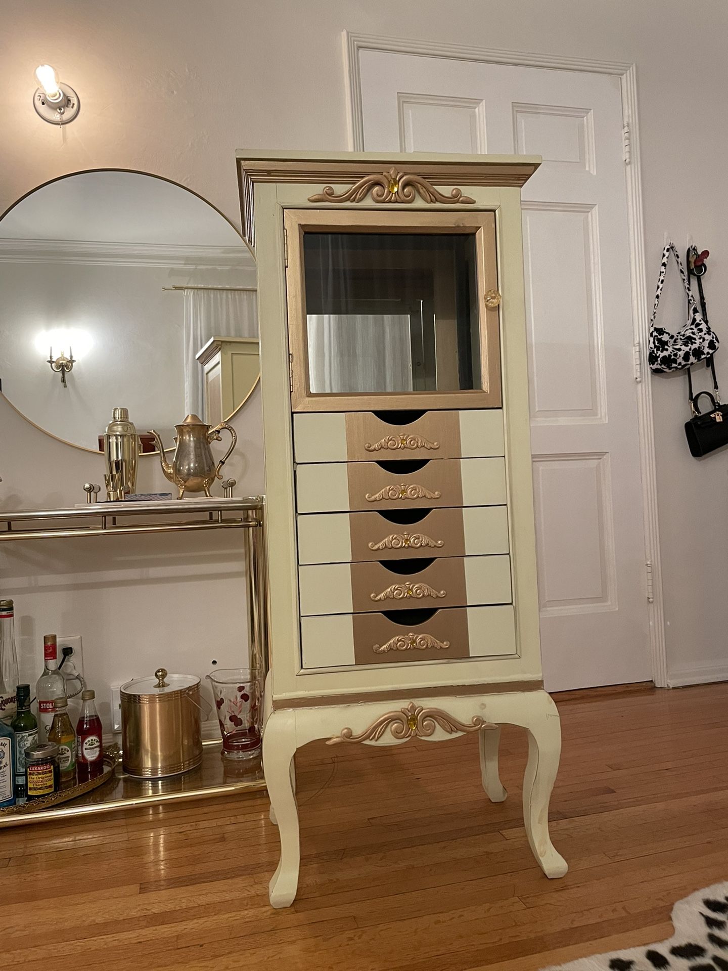 Antique French Provincial Style Jewelry Armoire Lingerie Chest Cabinet Curio with Mirror Ivory Gold